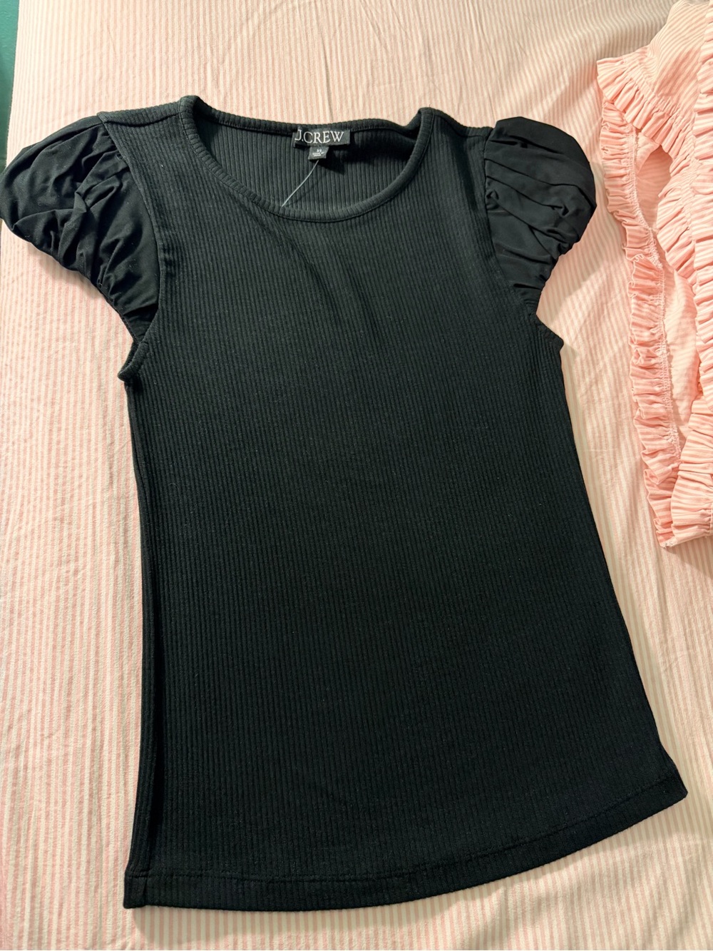 J. Crew Black Ribbed Puff-Sleeve Tee